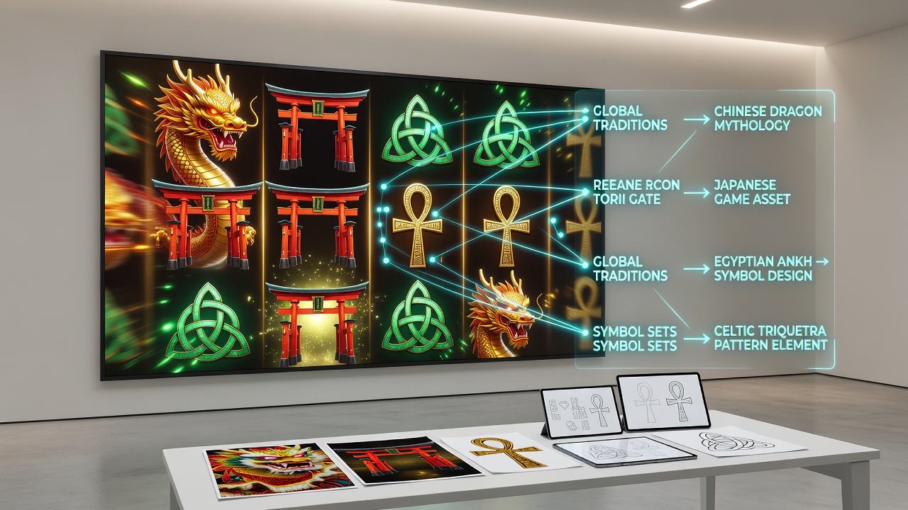 Reel symbols blending African, Indigenous, and South Asian traditional designs in contemporary slot interfaces