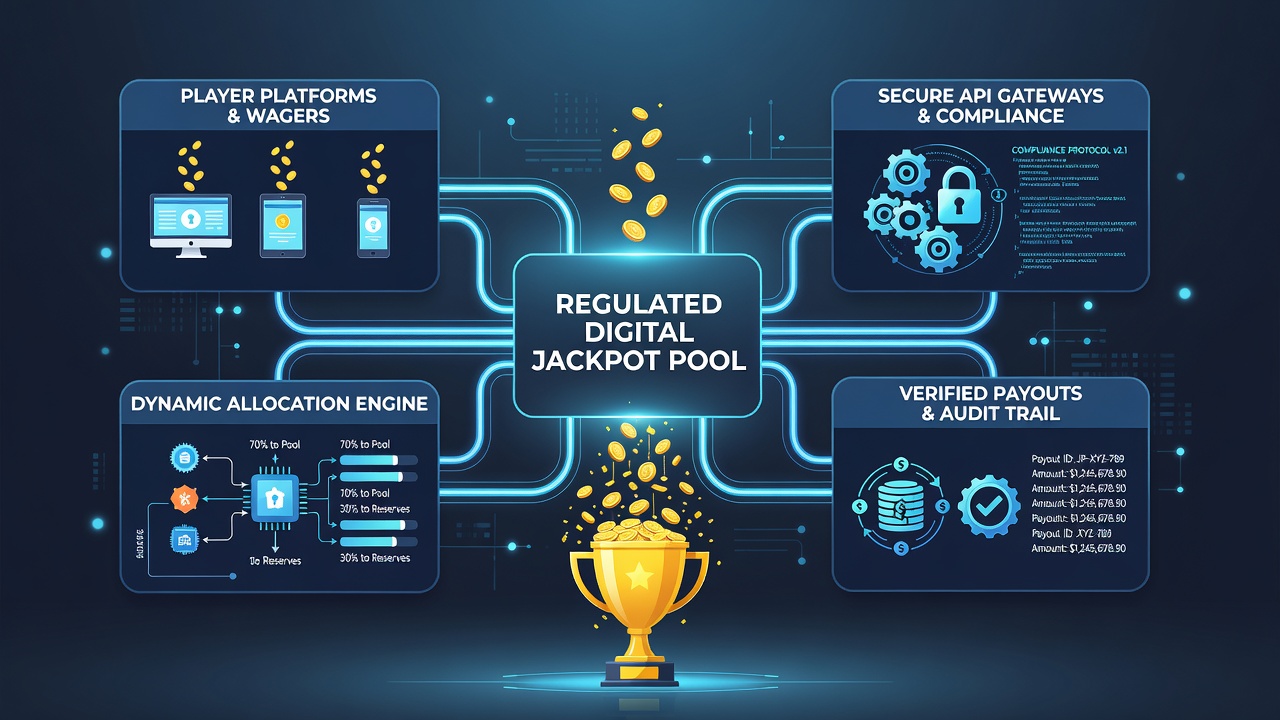 Flow chart showing secure data transmission and audit checkpoints between local platforms and the central jackpot server